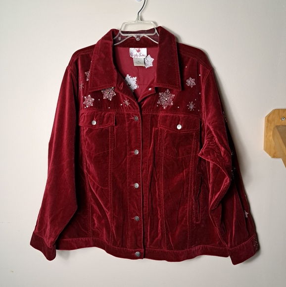 Quacker Factory - Red Velvet Snowman Jacket - Size 2X - Winter Snow Flakes - Picture 10 of 14